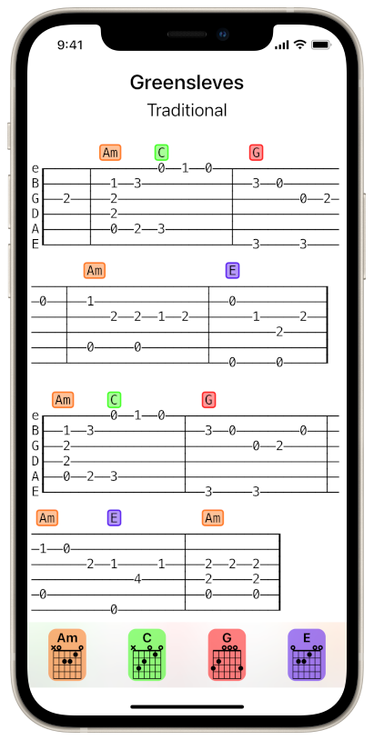SongFolio iPhone App showing Greensleves tab